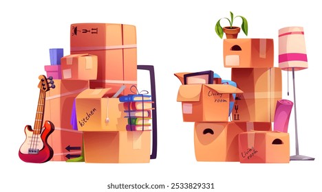 Boxes with house stuff isolated on white background. Vector cartoon illustration of carton packages full of kitchen and living room things packed for moving or storage, stack of books, guitar, lamp