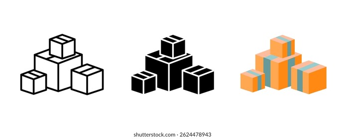 Boxes icon. Group of stacked cardboard packages in isometric view vector illustration. Symbol of shipping, delivery and logistics. Storage and warehouse cargo arrangement pictogram.