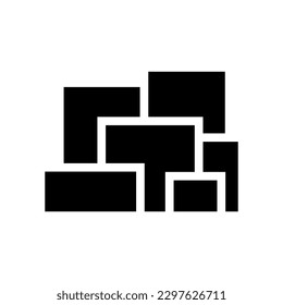 Icono de cajas. Embalaje, producto. Silueta negra. Vista frontal. Ilustración gráfica plana vectorial simple. Objeto aislado sobre un fondo blanco. Aislar.