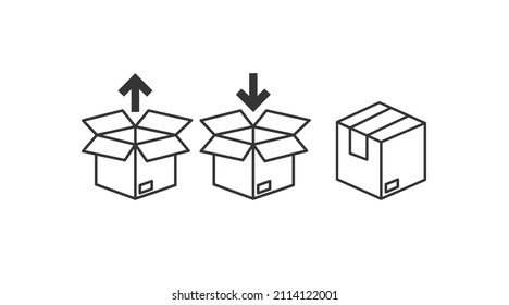 Boxes Icon Set. Set of boxes black and white illustrations with arrows