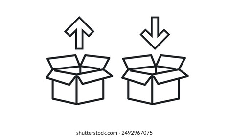Boxes Icon Set. Set of boxes black and white illustrations with arrows