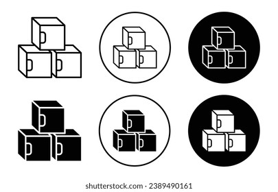 Boxes icon set. cardboard product package inventory vector symbol. parcel storage sign. shipping boxes icon in black filled and outlined style.