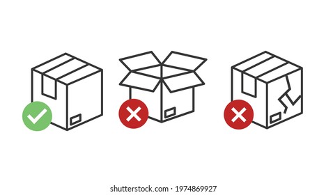 Boxes Icon Set. Vector flat set of illustration isolated with a box closed, a box opened and a box broken
