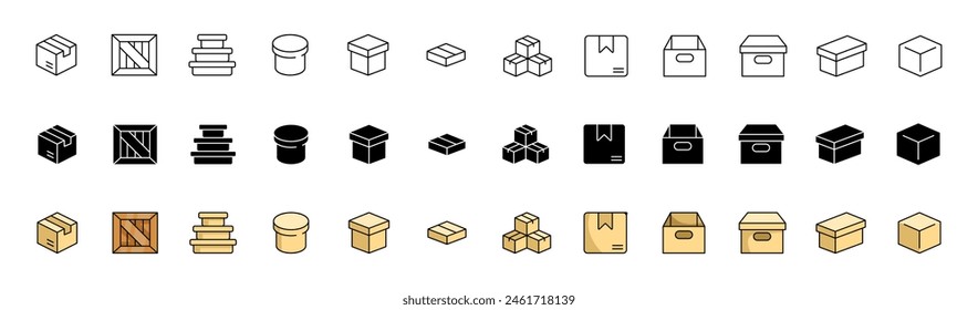 Boxes icons collection. Package icons. Linear, silhouette and flat style. Vector icons