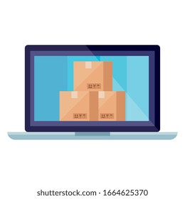 Boxes inside laptop design, Delivery logistics transportation shipping service warehouse industry and global theme Vector illustration