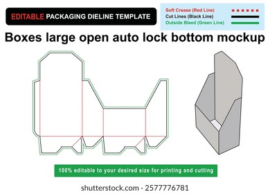 Boxes large open auto lock bottom mockup dieline for creative packaging designs, Open Auto Lock, Bottom Mockup, Dieline Design, Product Packaging, Box Mockup, customizable box, Custom box dieline