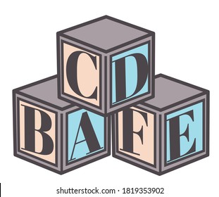 Boxes with letters, educational game for children learning to read or write. Isolated icon of cubes with abs, toy with alphabet. Development of cognitive skills of kids in kindergarten, vector in flat