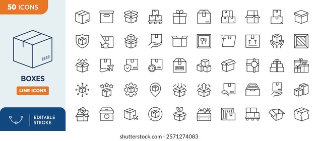 Boxes Line Editable Icons set. Containing open and closed box, delivery box, container, storage, good packing, fragile, wrapped, offer, merchandise, surprise, and more. Vector illustration