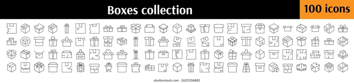 Boxes Line Icon Set. Broken Boxes, Container, Parcel, Giftbox Outline Signs for Graphic and Web Design, Apps, Adverts, Various Cards