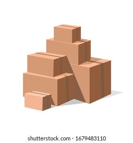 Boxes made of cardboard or paper of different sizes and shapes, sealed with postal tape, folded in the form of a pyramid. Vector illustration. Stock Photo.