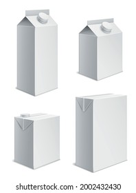 Leche y jugo en la caja. Embalaje de cartón blanco realista para bebidas. Contenedores de bebidas 3D bajos o altos. Conjunto de plantillas de botellas en blanco. Vector de productos lácteos maquillaje de la marca