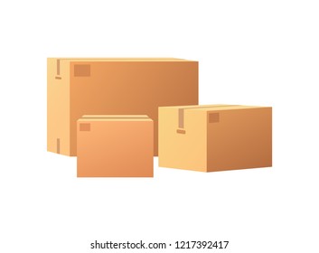 Boxes mockups, post container for goods delivery and storage, packaging design. Parcel with adhesive tape 3D isometric icon vector isolated, closed packages