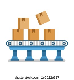 Boxes move along a blue conveyor belt. One box is falling off the end.