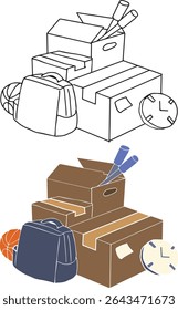 Boxes with moving stuff. Cardboard boxes full, stacked carton boxes flat vector illustration. House moving boxes on white Vector