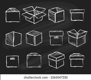 Boxes on chalk board. Closed and open packaging boxes sketch for delivery concepts vector illustration