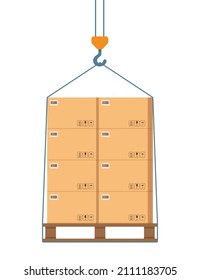 Boxes on a pallet are lifted with a crane hook. Beige cardboard closed box stack with fragile sign on wooden pallets, packaging cargo storage, industry shipment, shipping goods. Vector illustration