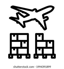 Boxes On Pallet Under Airplane. Bold outline design with editable stroke width. Vector Illustration.