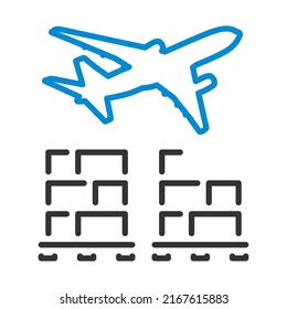 Cajas En Pallet Bajo Avión. Contorno de negrita editable con diseño de relleno de color. Ilustración vectorial.