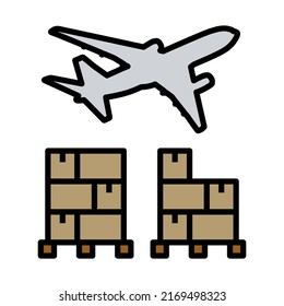 Cajas En Pallet Bajo Avión. Contorno de negrita editable con diseño de relleno de color. Ilustración vectorial.