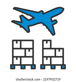 Boxes On Pallet Under Airplane. Editable Bold Outline With Color Fill Design. Vector Illustration.