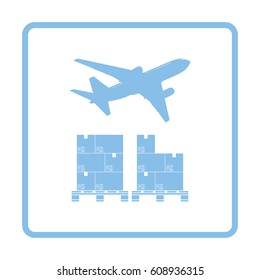 Boxes on pallet under airplane. Blue frame design. Vector illustration.