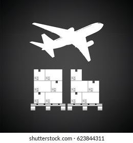 Boxes on pallet under airplane. Black background with white. Vector illustration.