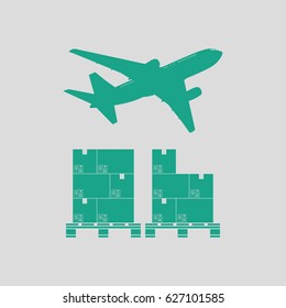 Boxes on pallet under airplane. Gray background with green. Vector illustration.