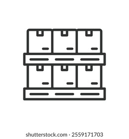 Boxes on pallets, icon in line design. Boxes on pallets, pallet icon, cargo, freight, logistics, shipping on white background vector. Boxes on pallets, icon in line design editable stroke icon