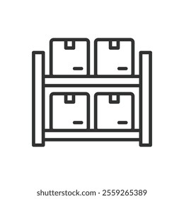 Boxes on shelves, icon in line design. Boxes, shelves, storage, container, organization, home storage, shelf system on white background vector. Boxes on shelves editable stroke icon