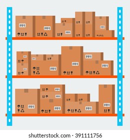 Boxes on shelves. Warehouse concept. Vector flat illustration