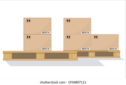 Boxes on wooded pallet vector illustration, flat style warehouse cardboard parcel boxes stack front view