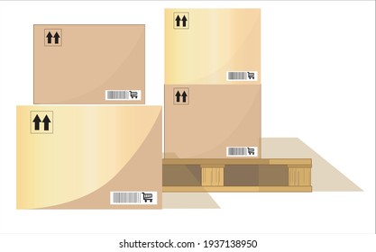 Boxes on wooded pallet vector illustration, flat style warehouse cardboard parcel boxes stack front view