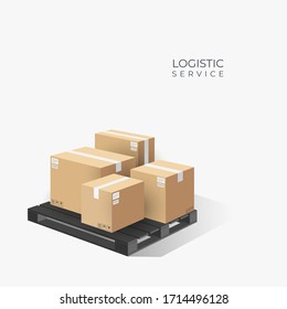 Boxes on wooden pallet. Cardboard parcel box with warehouse. logistic concept. 3d perspective illustration