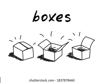 Boxes outline icons. Set of three handdrawn vector illustrations of black and white outlined delivery boxes with shadow. Sketch with open and closed cardboard box icons. Represents concept of delivery