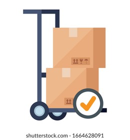 Boxes over cart and check mark design, Delivery logistics transportation shipping service warehouse industry and global theme Vector illustration