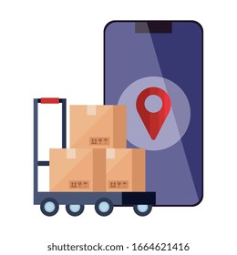 Boxes over cart gps mark and smartphone design, Delivery logistics transportation shipping service warehouse industry and global theme Vector illustration