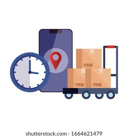 Boxen über Warenkorb markieren Uhren- und Smartphone-Design, Lieferlogistik Transport Service Warehouse Industrie und Vektorillustration-Illustration zum Thema 