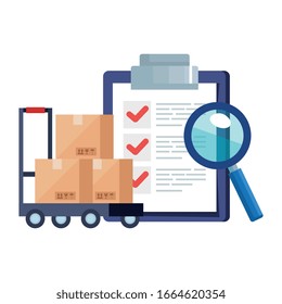 Boxes over cart lupe and list document design, Delivery logistics transportation shipping service warehouse industry and global theme Vector illustration