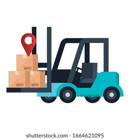 Boxes over forklift design, Delivery logistics transportation shipping service warehouse industry and global theme Vector illustration