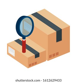 boxes package with magnifying glass vector illustration design
