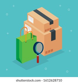 boxes packages with bag shopping and magnifying glass vector illustration design