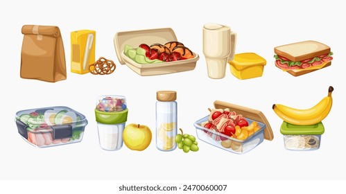 Boxes and packages with food for kids lunch time, cartoon lunchbox set. Plastic and glass containers with takeaway meals, cartoon collection of snacks for lunch school break vector illustration