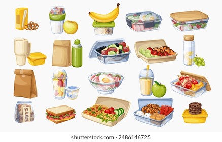 Boxes and packages with food for kids lunch time, cartoon lunchbox set. Healthy snacks and drink in takeaway storage containers, cartoon collection of packed meal for lunch vector illustration