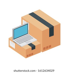 boxes packages with laptop isolated icon vector illustration design