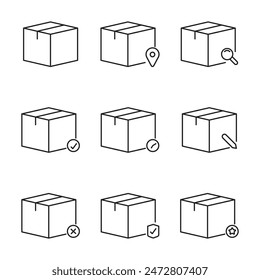 Cajas y paquetes establecidos. Iconos editables del contorno del trazo del concepto del envío y de la entrega aislados en la Ilustración vectorial plana del fondo blanco