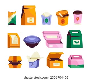 Boxes and packages set. Vector icons with corton packages and containers for takeaway food. Recyclable disposable tableware for hot drinks and fast food. Plastic and paper cups for home delivery