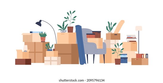 Boxes packed with home stuff and belongings. Cardboards pile and furniture for relocation. Lot of cartons heap with supplies, plants in packages. Flat vector illustration isolated on white background