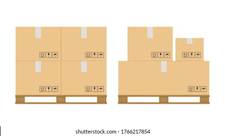 Pallet de cajas. Cajón de cartón beige de caja cerrada con frágil cartel en paletas de madera, almacenamiento de carga de embalaje, envío de la industria, vectores de mercadería de envío aislados