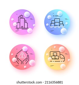 Boxes pallet, Skyscraper buildings and Delivery truck minimal line icons. 3d spheres or balls buttons. House protection icons. For web, application, printing. Vector