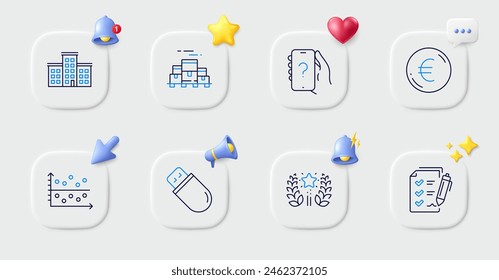 Boxes pallet, Survey checklist and Euro money line icons. Buttons with 3d bell, chat speech, cursor. Pack of Ask question, Dot plot, Usb stick icon. Ranking, Company pictogram. Vector